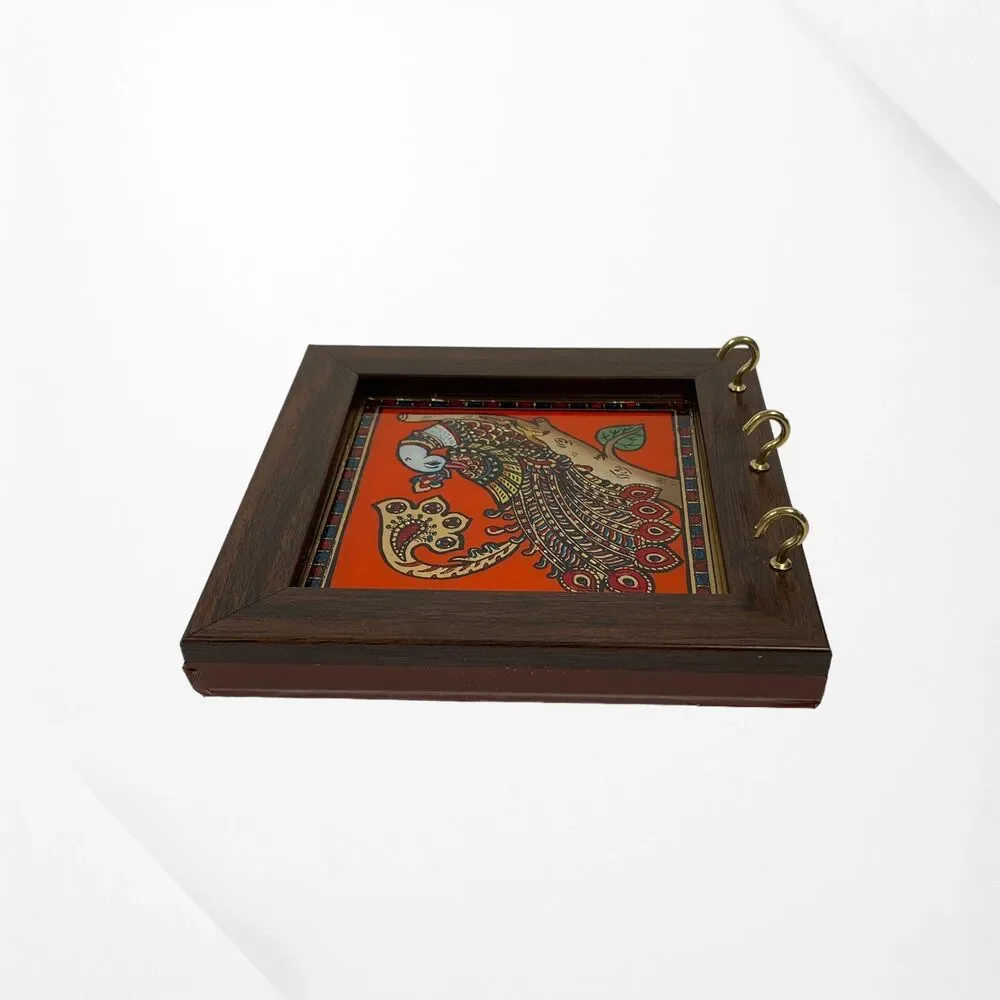 Peacock Glass Painting Art 3 Hook Key Holder Tanjore Style GRT India Bird Small